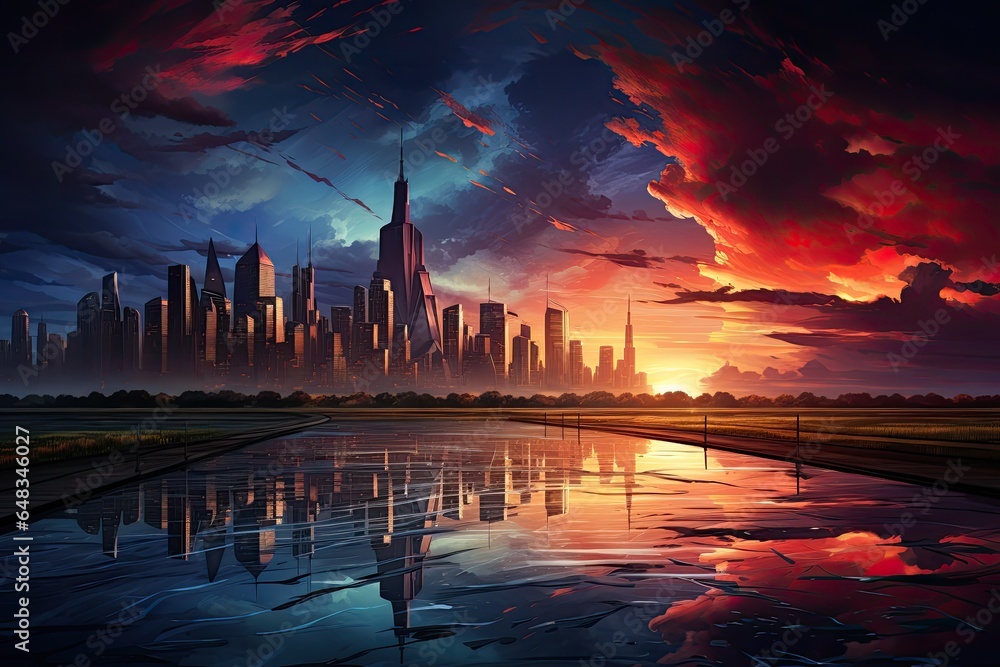 Fototapeta premium A colorful sunset over the skyline of city skyscrapers