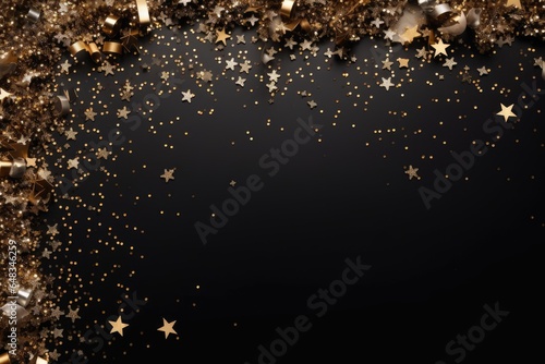 A festive celebration with gold stars and confetti on a black background