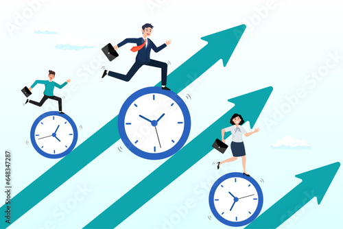Business people riding clock up rising arrow, time management, effort or efficiency boost, productivity to finish project, teamwork or planning, multitasking or finish work within deadline (Vector)
