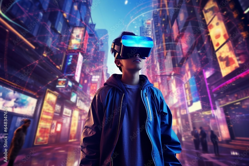Obraz premium Teenager Ventures into a Cyberpunk Metropolis via VR Gaming