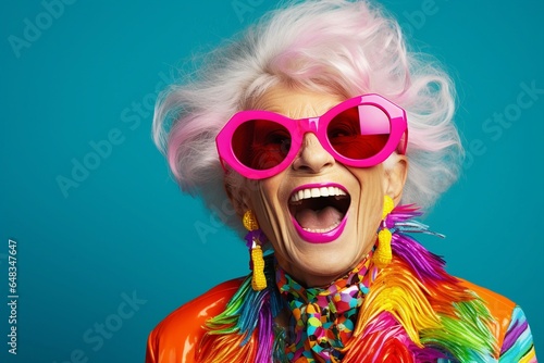 A jubilant senior woman, dressed in a colorful neon outfit, dons quirky sunglasses and showcases her extravagant style while sharing laughter and smiles in a trendy studio photoshoot.
