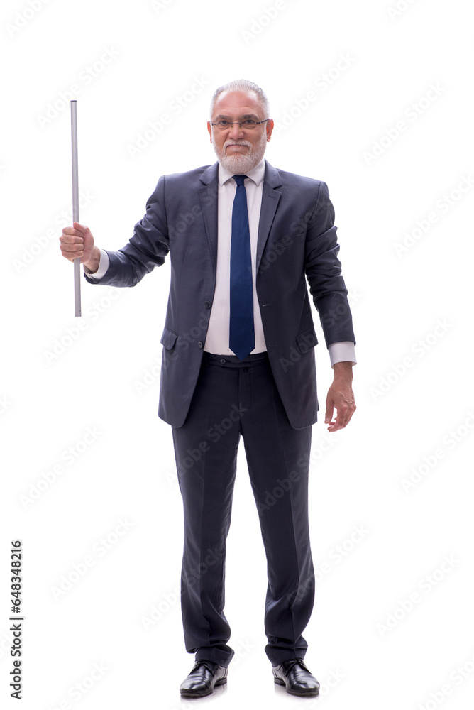 Old businessman holding metal stick isolated on white Old businessman holding metal stick isolated on white