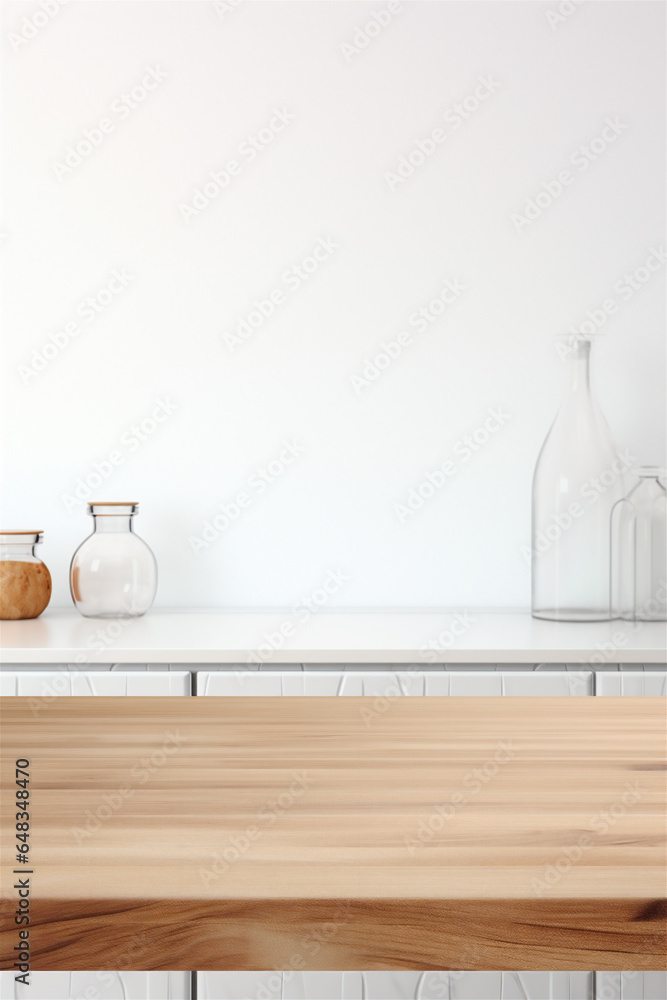Close Up of Empty Wooden Kitchen Counter Top, Blurred Background in Modern White Kitchen for Food and Drink Mockups, Generative AI Close Up of Empty Wooden Kitchen Counter Top, Blurred Background in Modern White Kitchen for Food and Drink Mockups, Generative AI