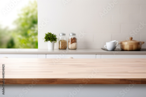 Close Up of Empty Wooden Kitchen Counter Top, Blurred Background in Modern White Kitchen for Food and Drink Mockups, Generative AI