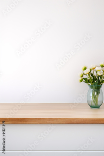 Close Up of Empty Wooden Kitchen Counter Top, Blurred Background in Modern White Kitchen for Food and Drink Mockups, Generative AI