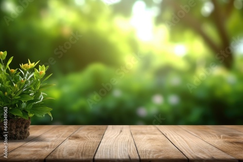 Empty Wooden table and blurred green nature garden background. Generative AI image weber.