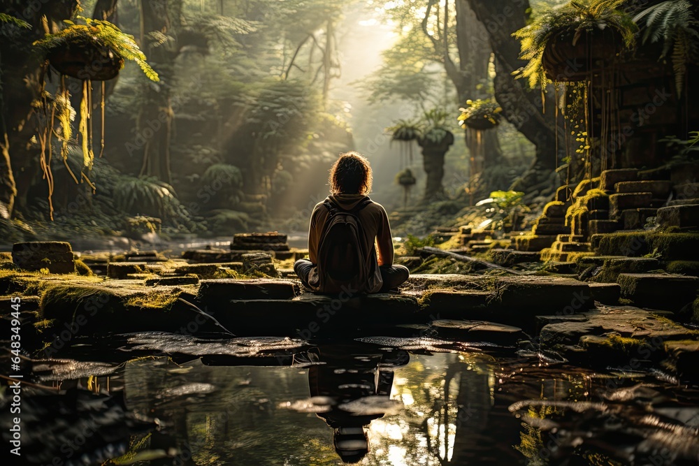 a meditating person in the forest with morning sunlight streaming through