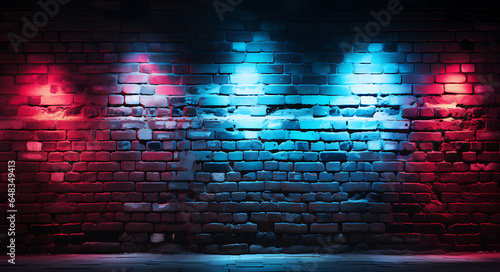Neon light on brick walls that are not plastered background and texture. Lighting effect red and blue neon background 