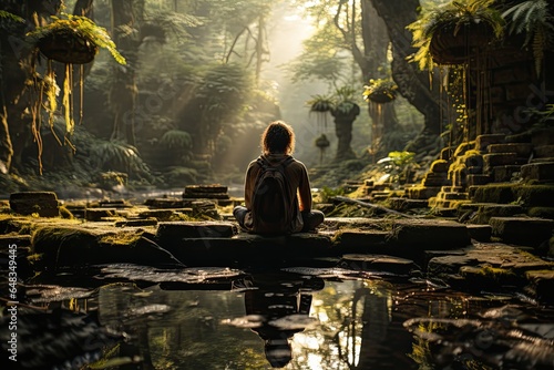 a meditating person in the forest with morning sunlight streaming through