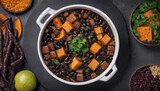  Feijoada Vegana: Uma versão vegana da tradicional feijoada brasileira, feito com feijão preto, vegetais como abóbora e cenoura, tofu defumado em cubos (para simular salsicha) e especiarias como comin