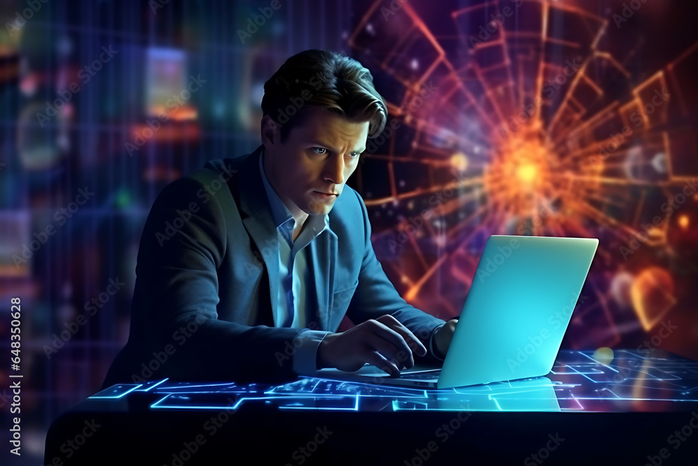 businessman working on computer, landing financial market graphs, generative ai businessman working on computer, landing financial market graphs, generative ai