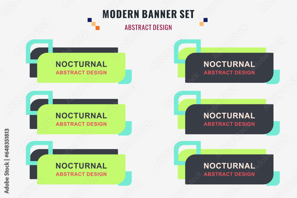Modern abstract vector banner set. Flat geometric shape with different colors and different style. Template for web or print design, ready to use. Modern abstract vector banner set. Flat geometric shape with different colors and different style. Template for web or print design, ready to use.