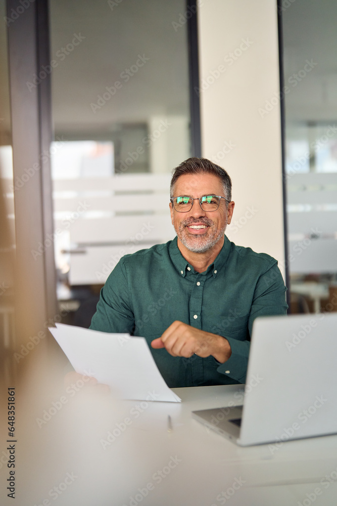 Middle aged mature older business man hr manager, lawyer, bank adviser having work conversation at office meeting or job interview. Financial legal advisory and consultancy services, vertical. Middle aged mature older business man hr manager, lawyer, bank adviser having work conversation at office meeting or job interview. Financial legal advisory and consultancy services, vertical.