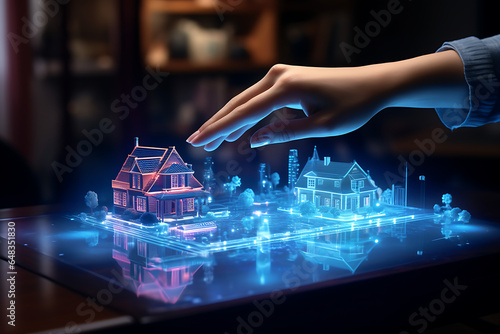 a concept holo 3d render model of a small living house on a table in a real estate agency. signing mortgage contract document and demonstrating. futuristic business. blurry background. Generative AI