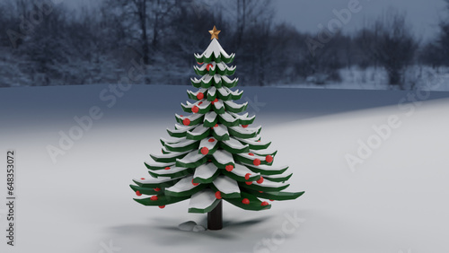  Low poly Christmas tree. Holiday card template. Winter landscape with snow. © Arphakon