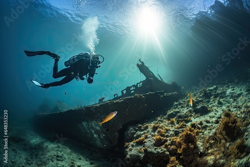 Wreck of the ship with scuba diver