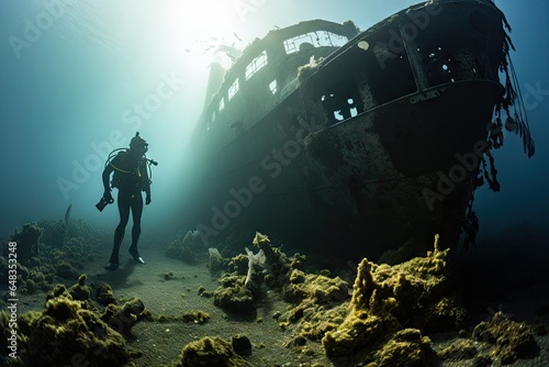 Wreck of the ship with scuba diver photo