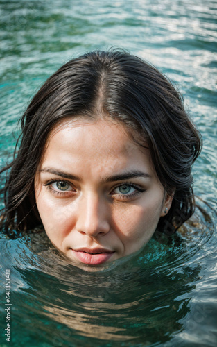 close up photo of woman submerged in water lake, generative AI