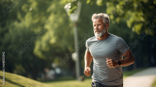 Potrait of senior man doing activity outdoor. Jogging in the park.