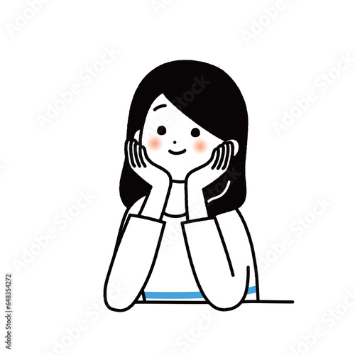 頬杖をしながら楽しいことを思い浮かべる若い女性