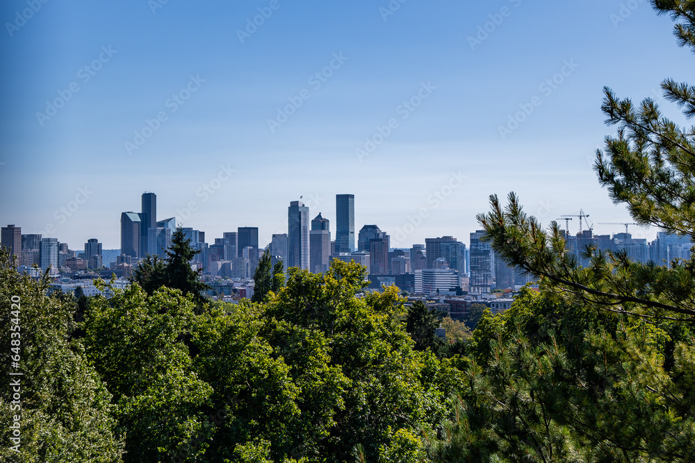 A view of Downtown Seattle, Washington on a clear summer day through the trees