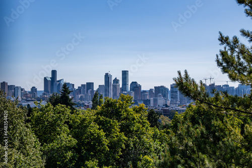 A view of Downtown Seattle, Washington on a clear summer day through the trees