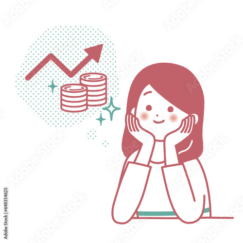 投資によりお金が増えることを想像して喜ぶ女性のベクターイラスト素材