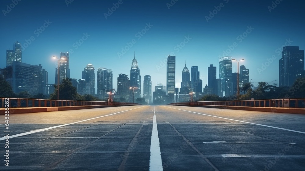 Fototapeta premium Generative AI : Asphalt road and city skyline with modern building at night