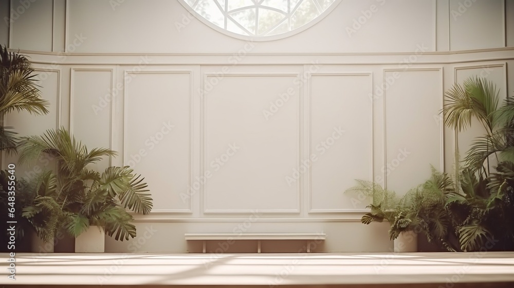 Fototapeta premium Generative AI : Abstract white studio background for product presentation. Empty room with shadows of window and flowers and palm leaves . 3d room with copy space. Summer concert. Blurred backdrop.