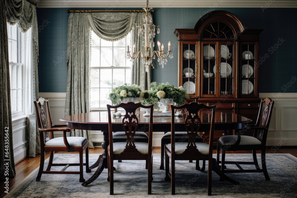 Fototapeta premium A Timeless Colonial Dining Room: Embracing Dark Wood Furniture and Classic Patterns