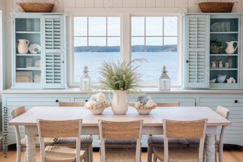 A Cozy Coastal Dining Room with Distressed Wood Furniture and Beachy Colors © aicandy