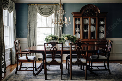 A Timeless Colonial Dining Room: Embracing Dark Wood Furniture and Classic Patterns