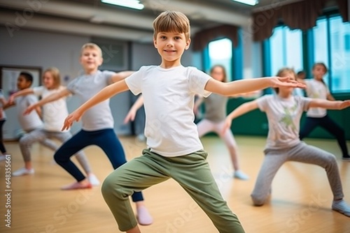 Generative AI : The kids at dance school. Ballet, hiphop, street, funky and modern dancers over studio background. Children showing aerobic element. Teens in hip hop style. Sport, fitness and lifestyl