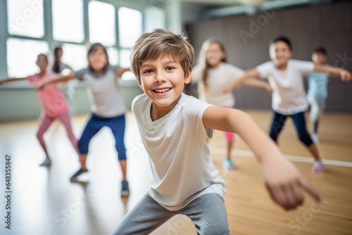 Generative AI : The kids at dance school. Ballet, hiphop, street, funky and modern dancers over studio background. Children showing aerobic element. Teens in hip hop style. Sport, fitness and lifestyl