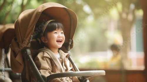 Generative AI : Happy baby sitting in a stroller Blurred background of a shady public garden photo