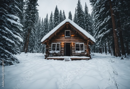 A group of friends discovering an abandoned secluded cabin in a snow-covered forest