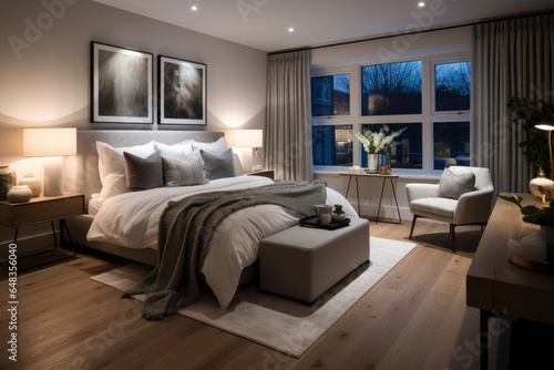 Cozy and Chic Urban Haven  A Contemporary Bedroom Interior with Sleek Furniture  Ambient Lighting  and Modern Design Elements