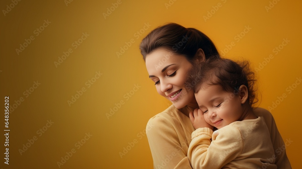 Generative AI : Woman in light clothes have fun with cute child baby girl. Mommy little kid daughter isolated on yellow background studio portrait. Generative AI : Woman in light clothes have fun with cute child baby girl. Mommy little kid daughter isolated on yellow background studio portrait.