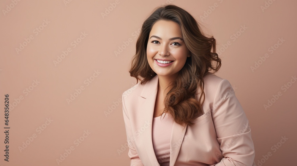 Fototapeta premium Generative AI : Charming plus size businesswoman wearing a grey jacket and dress looking at the camera and standing