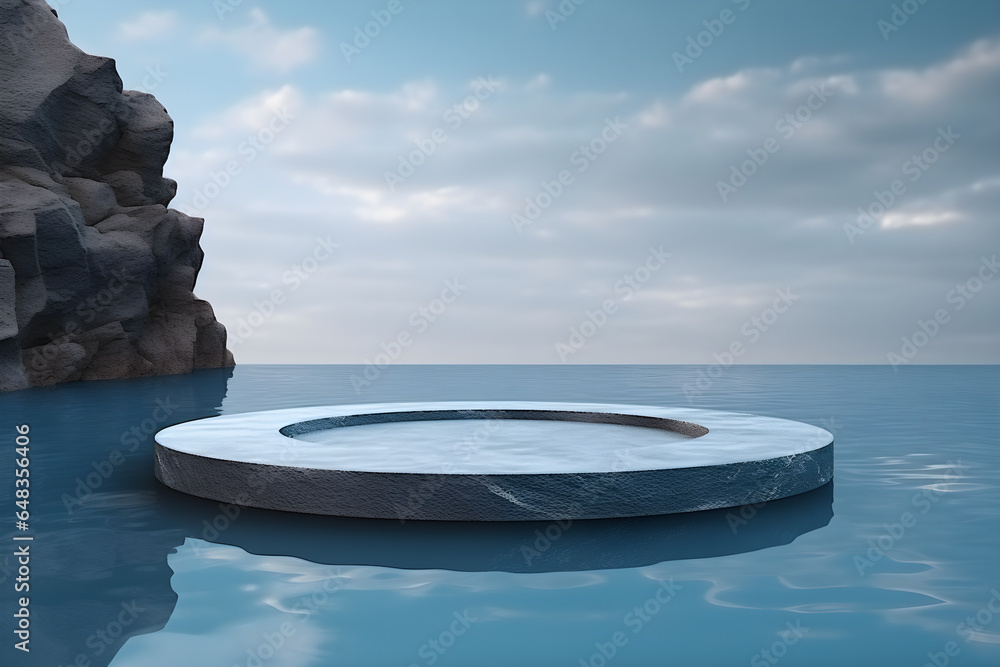 Azure water with stone podium stand for product display presentation, 3d Empty minimal blank stage identity and packaging design, ai generate