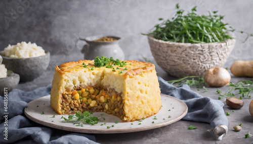 Torta de Shepherd Vegana: Uma versão vegana da clássica torta de shepherd's pie, feita com lentilhas, legumes e coberta com purê de batata. photo