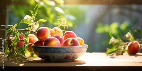 Peaches in a ceramic bowl on a small wooden table on blurred garden background.