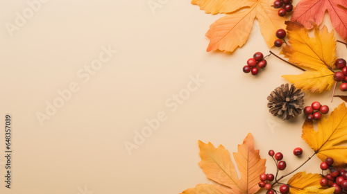 Frame of colorful red and yellow autumn leaves with cones and rowan berries on trendy beige background. First day of school  back to school  fall concept
