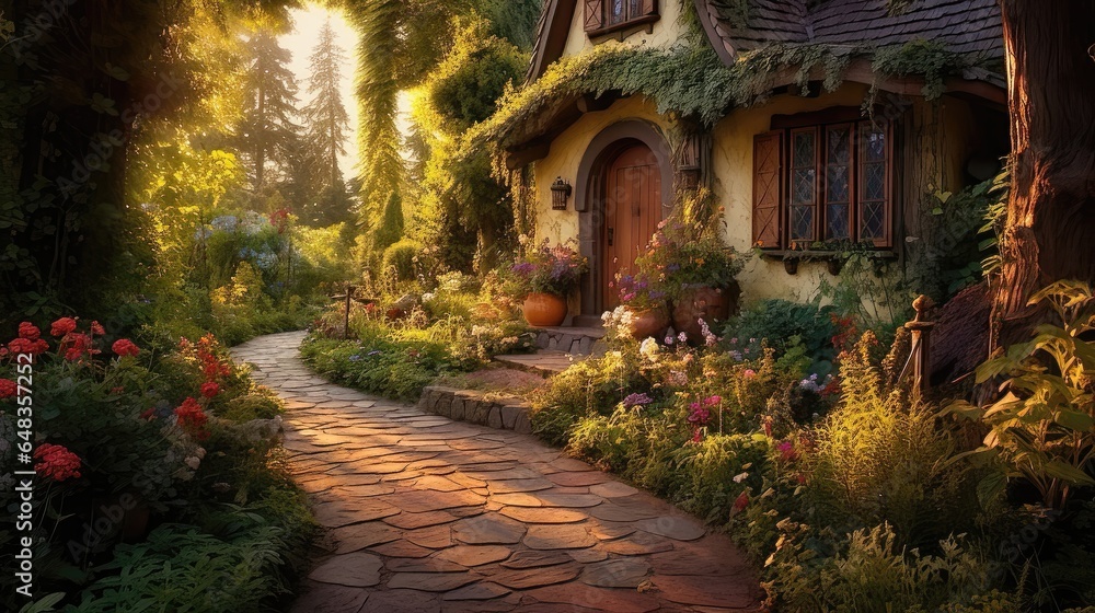 Obraz premium A Cottage Oasis Amidst Wild Home Garden and Pathway. Generative AI 4