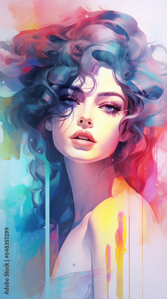 Multi-colored paint illustration of a young beautiful girl