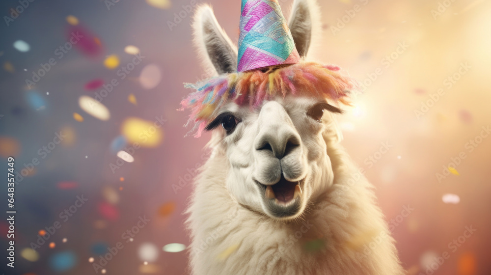 Happy lama smiling wearing hat with flying confetti. Birthday concept
