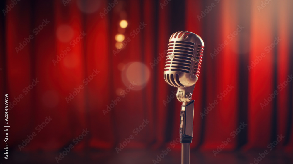 Close up vintage microphone in the background of a blurry scene - obrazy, fototapety, plakaty 