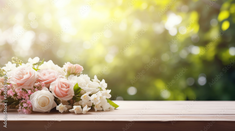 Wooden table top with blur background of wedding garden Wooden table top with blur background of wedding garden