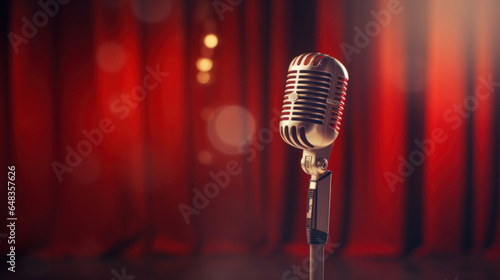 Close up vintage microphone in the background of a blurry scene