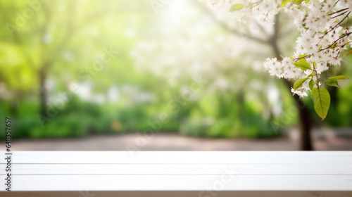 White wooden table top with blur background of wedding garden